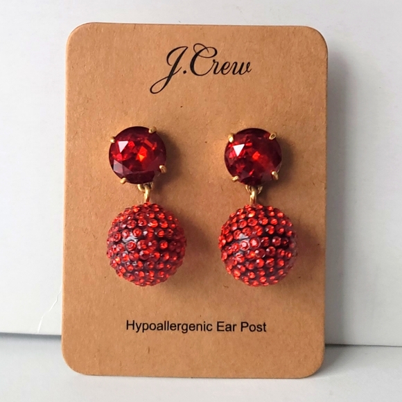 NWT J. Crew | Fresh Berry Red Pave Resin Drop Earrings - Picture 2 of 5